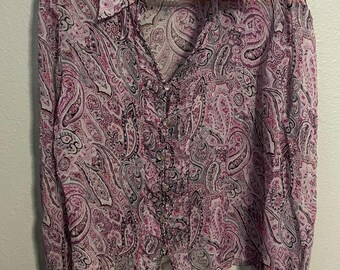 Worthington Top Womens 18P Pink Purple Paisley Silk Sheer Ruffle Button Up Y2K