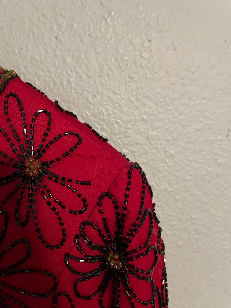 Vintage Adrianna Papell Womens Top Medium Red Floral Silk Beaded Whimsigoth 90s image 4
