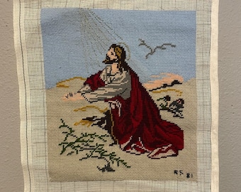 Vintage 1981 Jesus Praying Needlepoint Embroidery Tapestry Handmade Religious