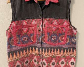 Gilet vintage Arrived pour homme, taille M, multicolore, à motifs tribaux géométriques, sans manches et boutonné.