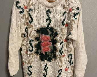 Vintage Kimberly Hope-trui dames medium witte bloemen Grannycore jaren 80 LEZEN