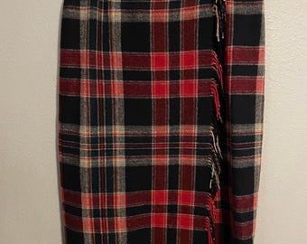 Vintage Eddie Bauer Midi Skirt Womens 16 Multicolor Plaid Wool Wrap Fringe