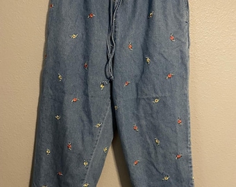 Jeansy VTG Capri damskie, średnie, z haftowanymi kwiatami, z elastyczną talią, Cottagecore, lata 90.