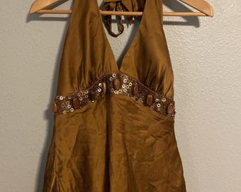 VTG Cache Top Womens 10 Brown Silk Satin Halter Sequin Babydoll Camisole Y2K