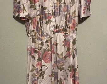 Vintage Womens Dress Size 14 Pink Floral Satin Prairie Cottagecore 70s READ