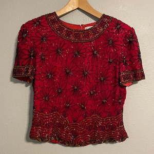 Vintage Adrianna Papell Womens Top Medium Red Floral Silk Beaded Whimsigoth 90s image 1