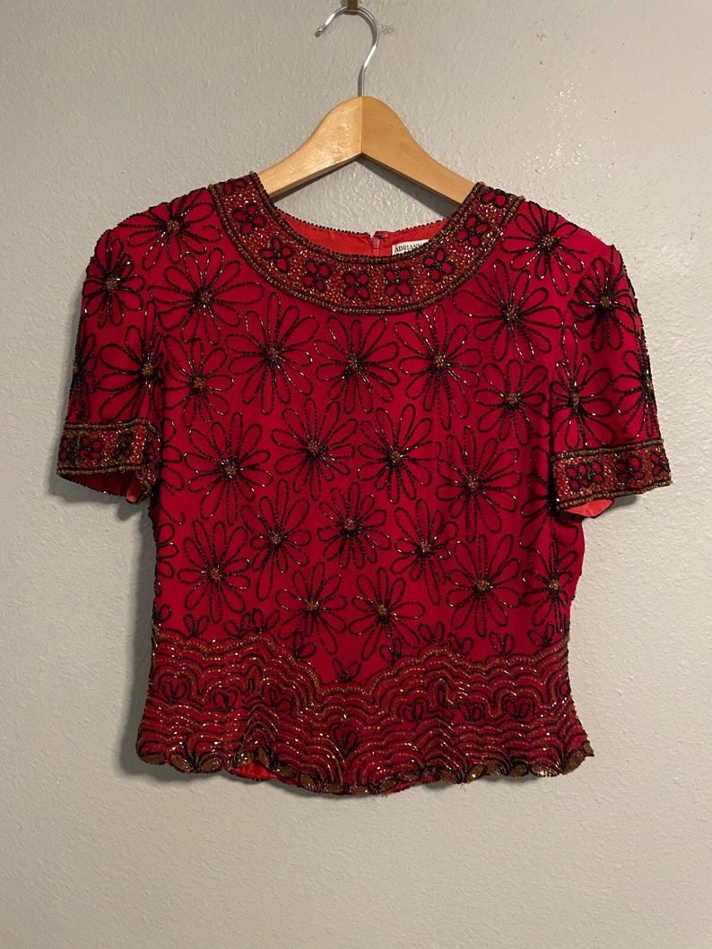 Vintage Adrianna Papell Womens Top Medium Red Floral Silk Beaded Whimsigoth 90s image 1
