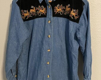 Vintage Cambridge Dry Goods Top Womens Medium Denim Deer Christmas Embroidered