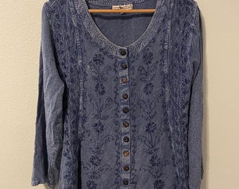 Vintage Mushrooms Tunic Womens S/M Blue Floral Embroidered Button Boho 90s FLAW