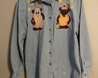 Vintage Karen Scott Top Womens Large Halloween Teddy Bear Chambray Art 90s READ