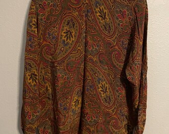 Vintage Womens Top Size 14 Brown Paisley Silk Long Sleeve Satin Boho 90s READ