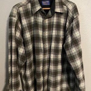 Vintage Pendleton Herr XL Flerfärgade Rutiga Ullflanell Armbågslappar Knäppta
