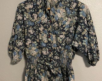 Vintage Womens Top Medium Floral Puff Sleeve Elastic Waist Cottagecore Fairy 60s