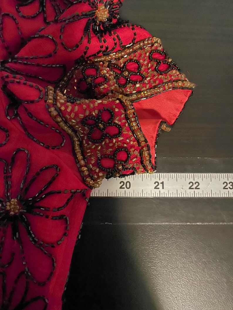 Vintage Adrianna Papell Womens Top Medium Red Floral Silk Beaded Whimsigoth 90s image 6