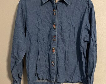 Vintage Womens Top Large Denim Floral Embroidered Rosette Cottagecore Garden 90s