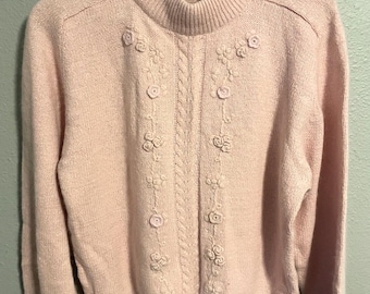 Jersey vintage de mujer, grande, rosa, bordado floral, mezcla de seda y lana, estilo Grannycore.