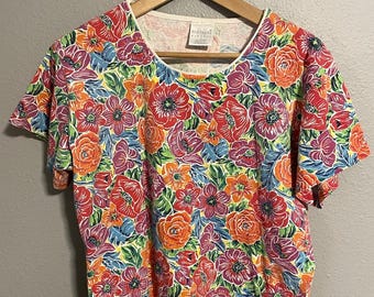 Vintage Womens Top Medium Colorful Floral Dopamine Artsy Boho Wacky 90s Y2K