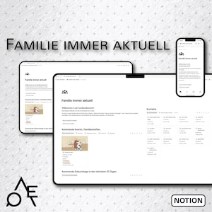 Könnte beinhalten: Eine digitale Oberfläche mit dem Text "FAMILIE IMMER AKTUELL" auf Laptop, Tablet und Smartphone. Die Oberfläche zeigt Familienevents und Kontaktinformationen. Der Hintergrund ist hellgrau mit Kreuzmuster.