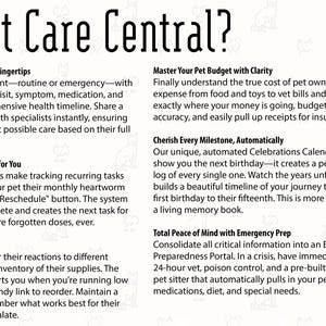 Op de afbeelding: Witte achtergrond met de tekst "Why Pet Care Central?" en opsommingstekens met details over functies zoals medische geschiedenis, automatische herinneringen, voedingsregistratie, budgetoverzicht, mijlpaalregistratie en noodvoorbereiding voor huisdieren.