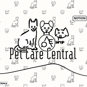 Op de afbeelding: Een witte achtergrond met een herhaald patroon van zwart getekende katten en honden gezichten. De woorden "Pet Care Central" staan in een gestileerd lettertype, met een logo van een kat, een hond en een ander honden gezicht. Het woord "NOTION" staat in een kader.
