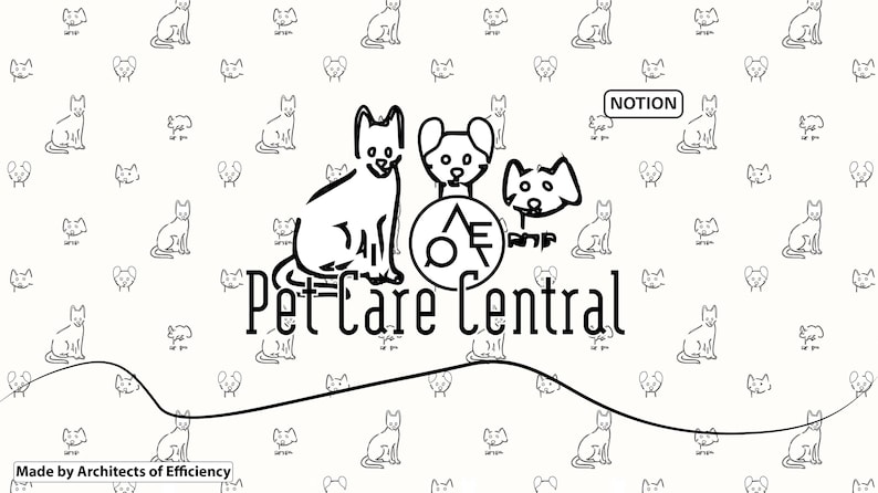 Op de afbeelding: Een witte achtergrond met een herhaald patroon van zwart getekende katten en honden gezichten. De woorden "Pet Care Central" staan in een gestileerd lettertype, met een logo van een kat, een hond en een ander honden gezicht. Het woord "NOTION" staat in een kader.
