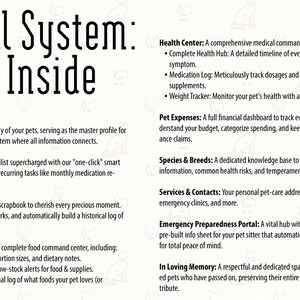 Op de afbeelding: Een cr&egrave;mekleurige afbeelding met de tekst "The Full System: What's Inside." De tekst beschrijft functies zoals een dierengalerij, trainingstaken, mijlpalen, voeding, gezondheidscentrum, dierenuitgaven, soorten en rassen, diensten en contacten, noodvoorbereiding.
