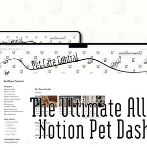 Op de afbeelding: Een digitale weergave van een dashboard voor huisdierverzorging op een tablet, laptop en smartphone. Het dashboard heet "Pet Care Central" en bevat de tekst "The Ultimate All-in-One Notion Pet Dashboard."