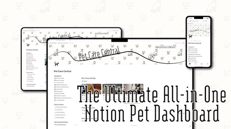 Op de afbeelding: Een digitale weergave van een dashboard voor huisdierverzorging op een tablet, laptop en smartphone. Het dashboard heet "Pet Care Central" en bevat de tekst "The Ultimate All-in-One Notion Pet Dashboard."