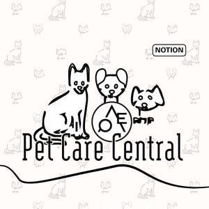 Op de afbeelding: Een zwart-wit logo voor "Pet Care Central" met gestileerde illustraties van een kat en twee honden. De achtergrond heeft een patroon van kleine katten- en hondenomtrekken. Het woord "NOTION" staat in een klein kader.