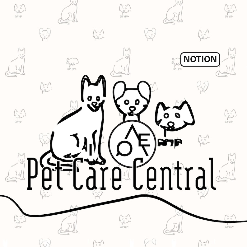 Op de afbeelding: Een zwart-wit logo voor "Pet Care Central" met gestileerde illustraties van een kat en twee honden. De achtergrond heeft een patroon van kleine katten- en hondenomtrekken. Het woord "NOTION" staat in een klein kader.