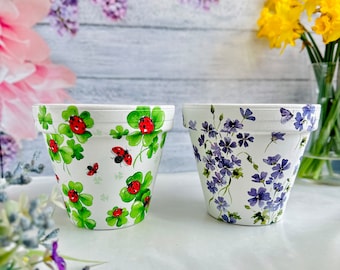 2 X Hand Decoupaged Terracotta Plant Pot,Flower pot, Floral planter ,Decoupaged Garden Decor Gift.