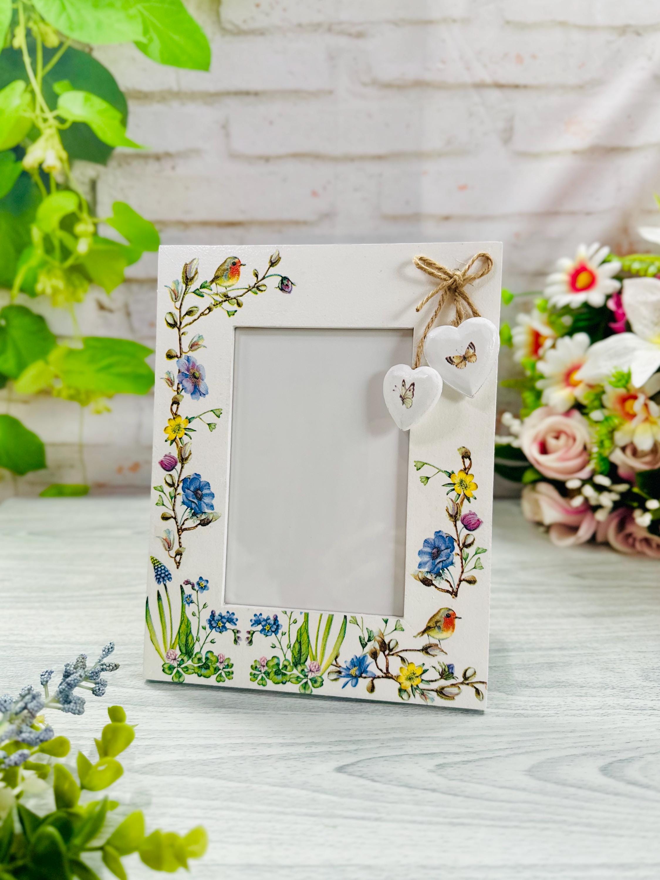 Floral Butterfly Decoupage Photo Frame, Rustic Wooden Picture