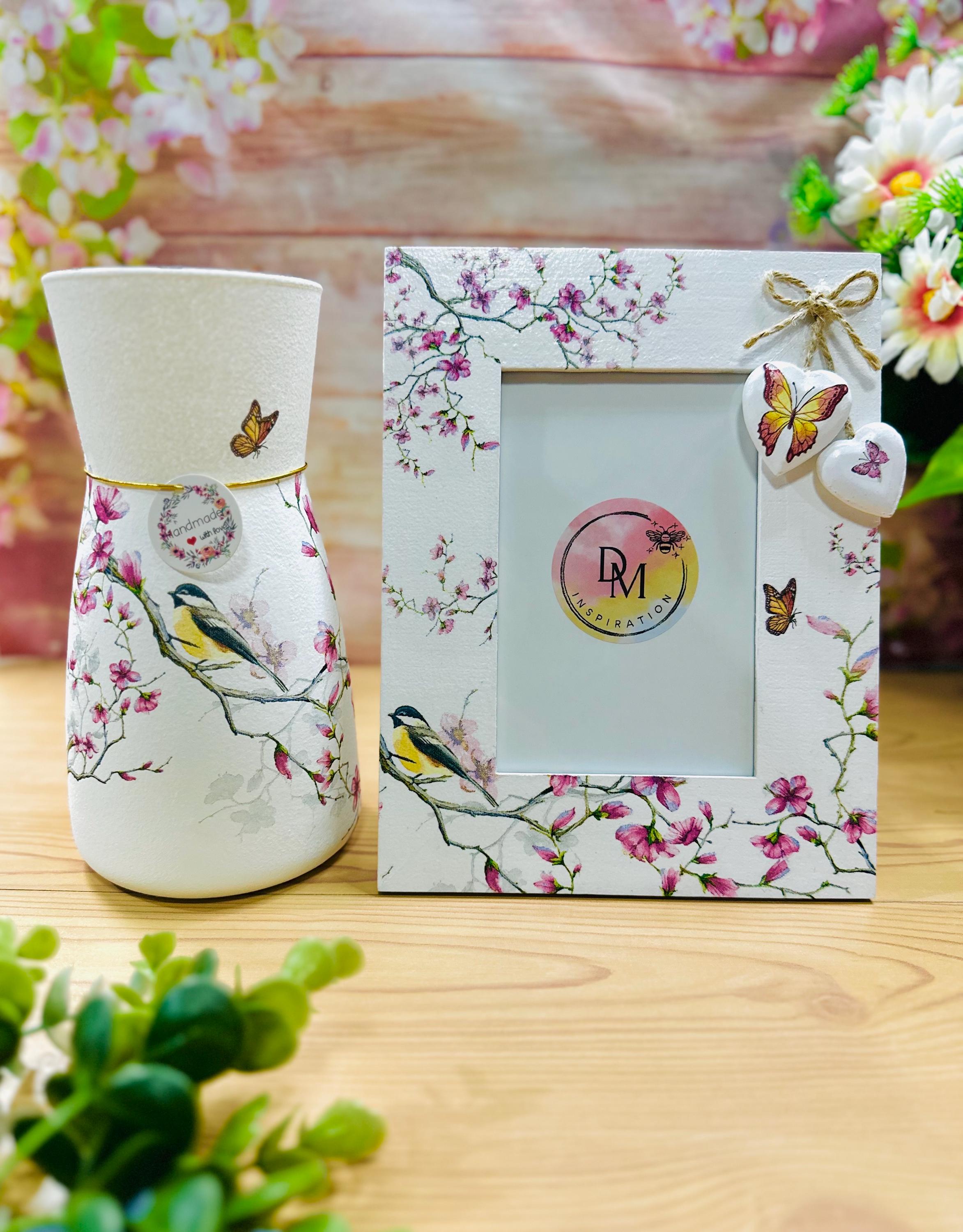 Handmade Floral Picture Frame and Vase Set, Bird and Blossom Decor