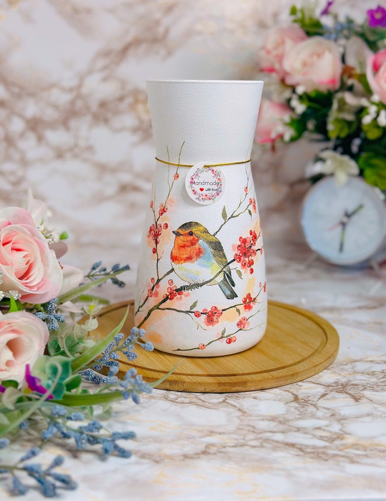 Robin Bird,Handmade Decoupaged Glass Vase,Animal vase ,Home Decor,Gift for her,Gift for Mum,Birthday Gift,New Home Gift. image 4