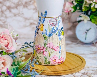Handmade Decoupaged Glass Vase,Flower Vase,Bird vase,butterfly vase,Home Decor,Gift for her,Gift for Mum,Birthday Gift,New Home Gift.