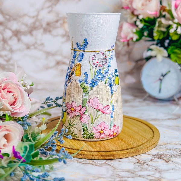 Handmade Decoupaged Glass Vase,Flower Vase,Bird vase,butterfly vase,Home Decor,Gift for her,Gift for Mum,Birthday Gift,New Home Gift.