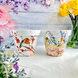 May include: Two white ceramic plant pots with hand-painted designs. One pot features a robin on a branch with red berries. The other pot has a fence, flowers, and birds. The background includes flowers.