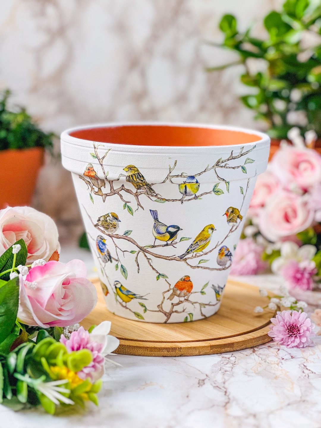 Bird Decoupaged Terracotta Clay Plant Pot ,17 Cm Indoor or Outdoor