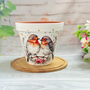 May include: A white ceramic plant pot featuring a detailed illustration of two robins on a branch with red flowers. The pot has a brown rim and gold star details. The pot sits on a round wooden tray.