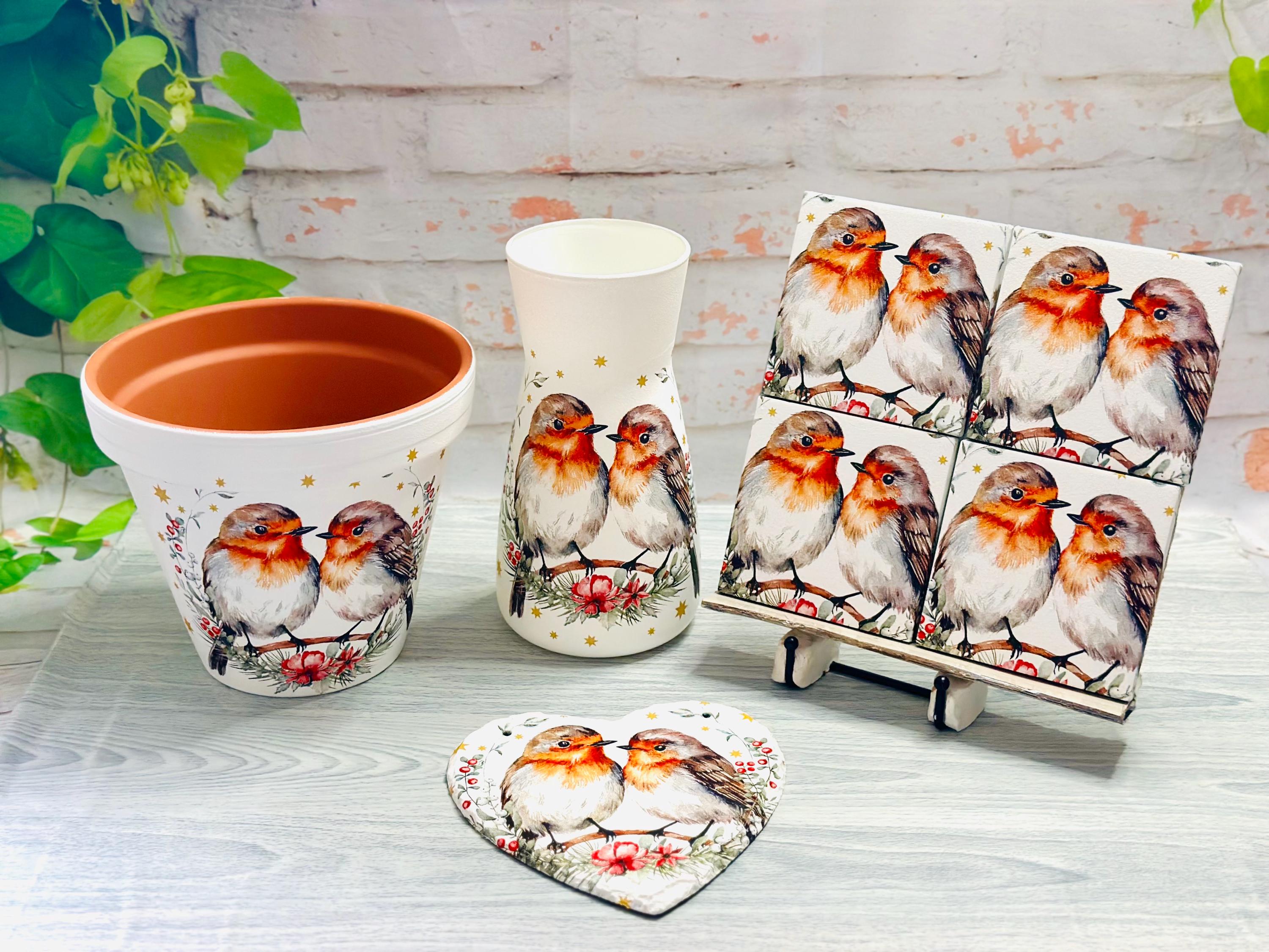 Robin Decoupaged Robin Bird,handmade Decoupaged Glass Vase,animal Vase ,home Decor,gift ...