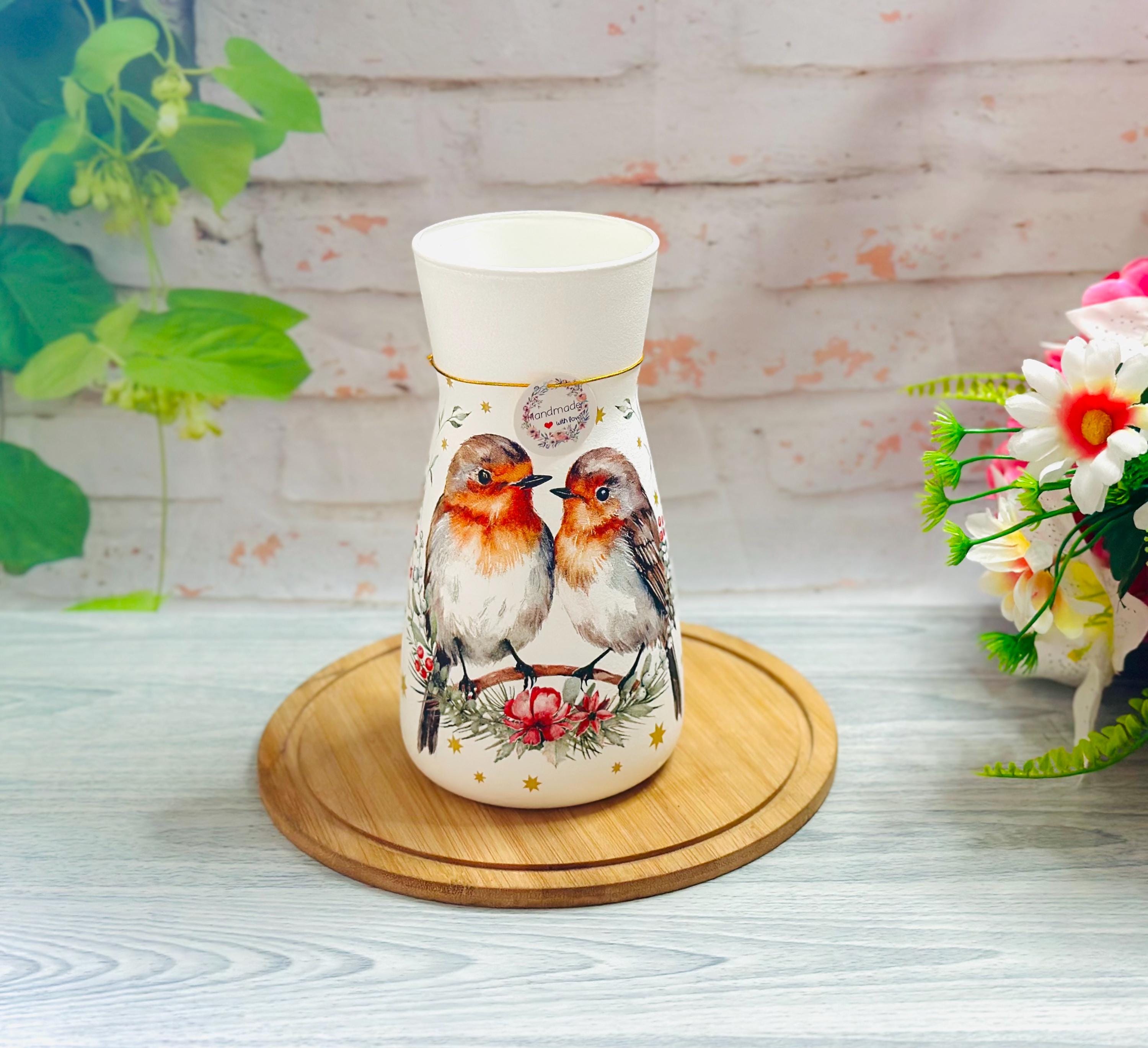 Robin Decoupaged Robin Bird,handmade Decoupaged Glass Vase,animal Vase ,home Decor,gift ...