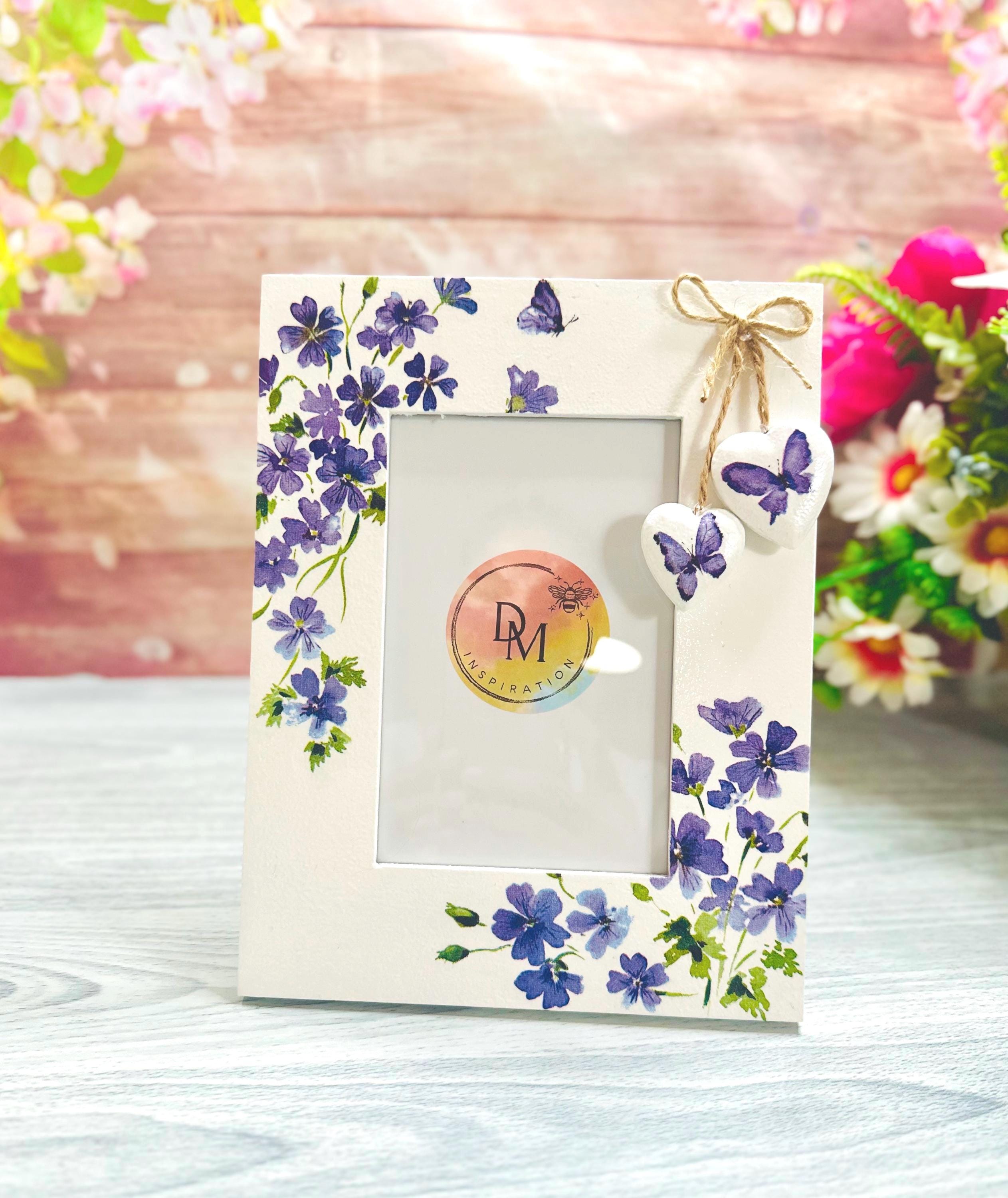 Rustic Wooden Photo Frame, Floral Decoupage, Hanging Hearts (4x6