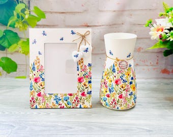 Floral Decoupage Wooden Photo Frame, Rustic Heart Decor, Flower Vase Set