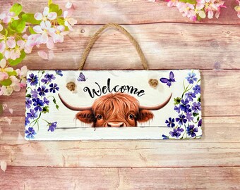 Highland cow Wall hanging slate Plaque ,Decoupage sign,Welcome sign,Garden gift,Highland cow gift.