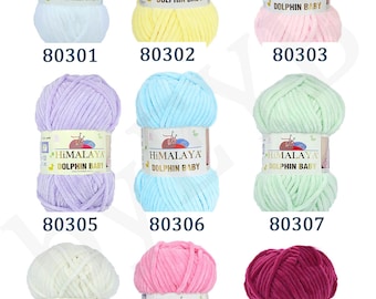 May include: Ten skeins of Himalaya Dolphin Baby yarn in various colors, including white, yellow, pink, lavender, light blue, green, cream, hot pink, and burgundy. Each skein has a label that reads "Himalaya Dolphin Baby".