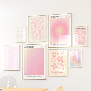 8 pack of pink wall art prints, digital prints, pink retro gradient aura angel number poster gallery wall art