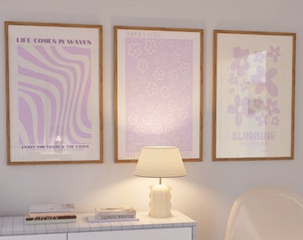 3 purple wall prints, digital download art, purple wall art, retro wall decor, purple poster prints, purple dorm art, printable wall art