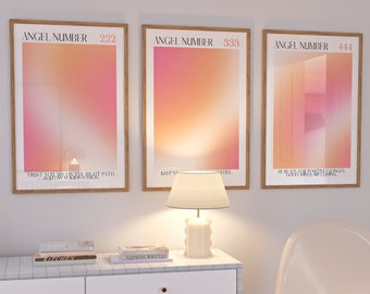 Engel Zahl Wandbilder, Digitaldrucke, rosa Farbverlauf Wandkunst, Retro Wandkunst, orange Wandkunst, rosa Wandkunst, 222 333 444 Poster