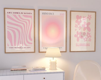 3 roze muurafdrukken, digitale kunstprint, roze muurkunst, roze slaapzaalkunst, roze posterset, roze retro muurkunst, schattige slaapzaalkunst, roze muurdecor
