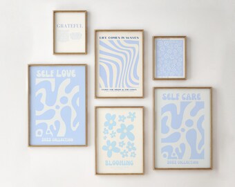 6 blue wall prints, digital prints, blue wall art, cute wall art, blue art prints, cute wall decor, blue wall decor, gallery wall set